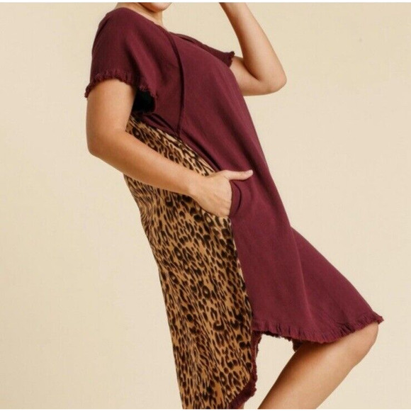 Umgee Womens Wine Animal Back Fishtail Scoop Tunic Dress Size Large Fall Boho - Picture 2 of 15